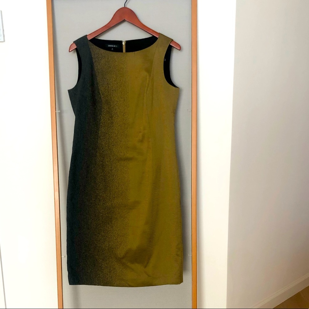 Lafayette 148 metallic gold-grey jacquard dress.